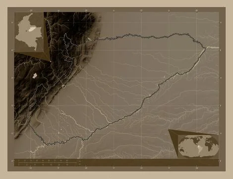 Casanare, Colombia. Elevation map colored in sepia tones with lakes and river Stock Illustration