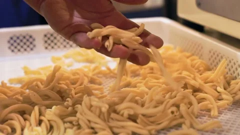 Casarecce falling, pasta machine, pasta maker, machine, basket, restaurant. 4K Stock Footage 164489682