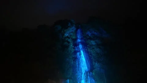 Cascada La Virgen waterfall changing colors at night in Banos de Agua Santa 스톡 동영상 310190849