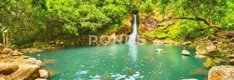 Cascade Chamouze waterfall. Mauritius. Panorama Stock Photos