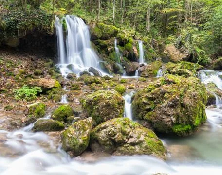 Cascade falls over mossy rocks at mixnitz in styria, austria Stock Photos