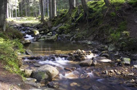 Cascade falls over mossy rocks Stock Photos