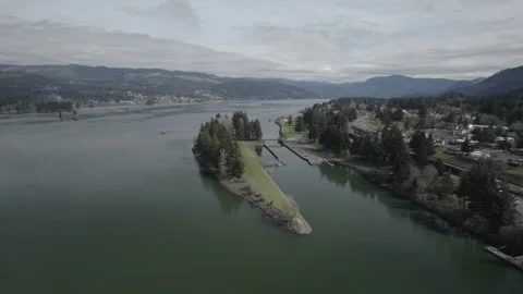 Cascade Lock Oregon Island Drone Stock-Footage 206241095