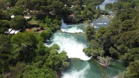 Cascade Majesty: 4K Top-Down Drone Flight Over Krka Waterfalls, Croatia Stock Footage 246611439