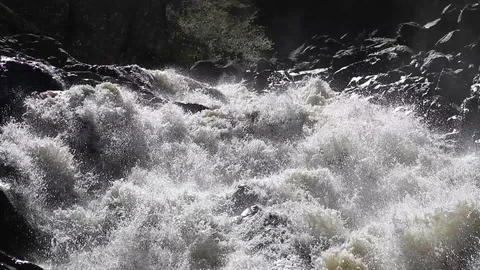 Cascade on mighty mountain river in the rocky environment. Video stock 128329625