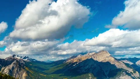 Cascade Mountain Overlook of Sulpher Mountain Pan Left Time Lapse Sumer 4K Stock Footage 134221131