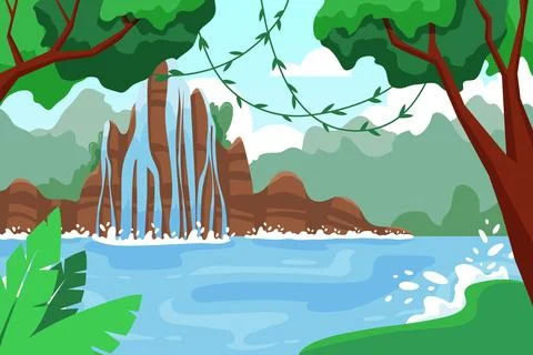 Cascade rainforest, jungle waterfall, mountain lake. Fall water in forest. Fa Stock Illustration