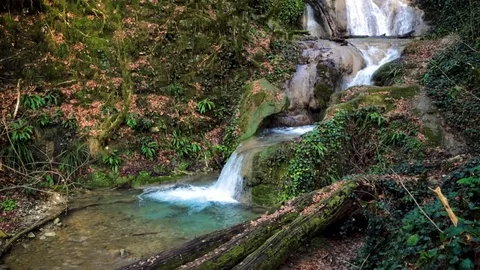 Cascade of river in  autumn forest Stockbeeldmateriaal 85237907