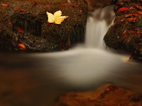 Cascade on small mountain stream, water is running between boulders with bubbles Stock Photos