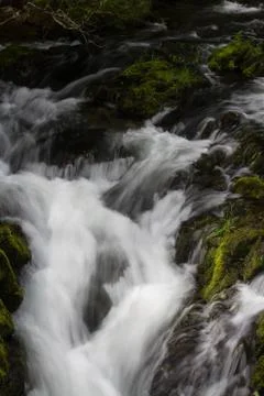 Cascade of small waterfall over mossy rocks, long exposure. Stock Photos