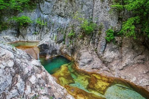 Cascade Water cascade in green spring forest. Copyright: xZoonar.com/Galyn... 스톡 사진