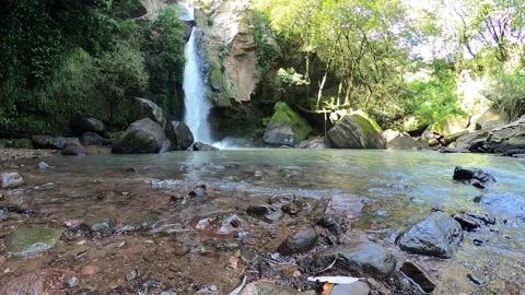 Cascade of water falls into a small lagoon surrounded by vegetation Stock Footage 184737940