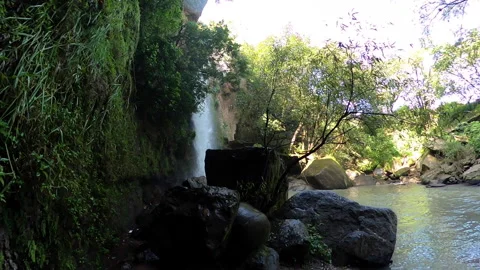 Cascade of water falls into a small stream surrounded Stock Footage 188234542