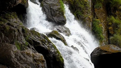Cascade waterfall slow motion. Streams of water among the mountains, huge Stock-Footage 95525830