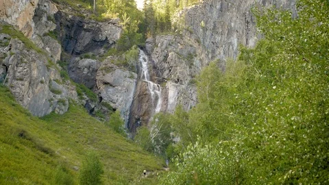 Cascade waterfall slow motion. Streams of water among the mountains, huge Stock Footage 95526071