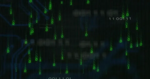 Cascading binary code columns being visualized on dark UI, glowing circuit Stock Footage 307434311
