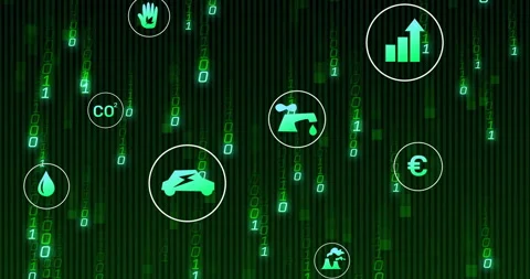 On cascading binary code, floating icons drifting, fading, revealing power icon Stock Footage 312711243