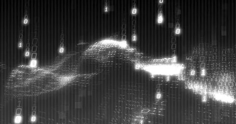 Cascading binary digits forming undulating wave in cyberspace, with code streams 스톡 일러스트