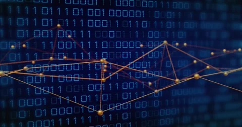 Cascading binary digits initiating golden nodes shifting into peaks and Stock Footage 325706510