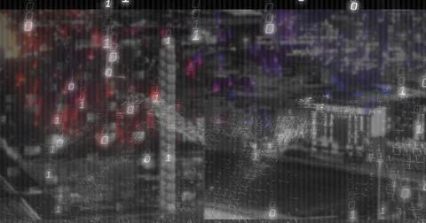 Cascading binary digits overlaying blurred neon cityscape at night, creating Stockfoto's