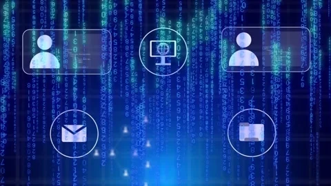 Cascading binary digits revealing user badges, linking nodes, forming glowing Vídeo Stock 335211885