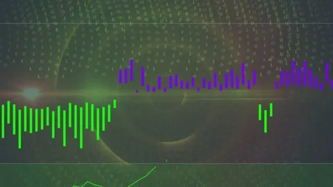 Cascading binary digits sparking data panel, green or purple bars rising while Video stock 334788105