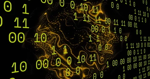 Cascading binary digits starting right shift while golden 3D mesh pulsing Stock Footage 313494644