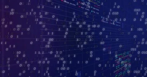 Cascading binary digits streaming across trading display at control room, with Stock Illustration