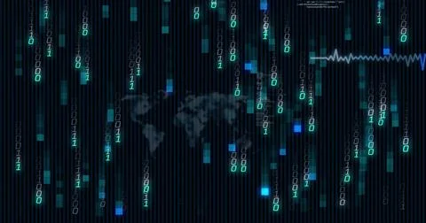 Cascading binary digits streaming over interface, map silhouette, glowing Stock Illustration