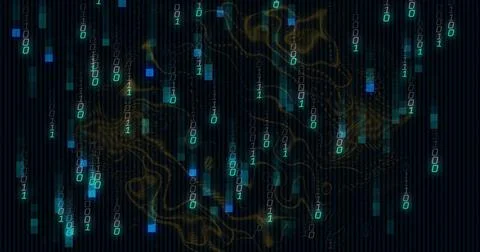 Cascading binary streams and neon bars moving through virtual data field, with Stockillustratie