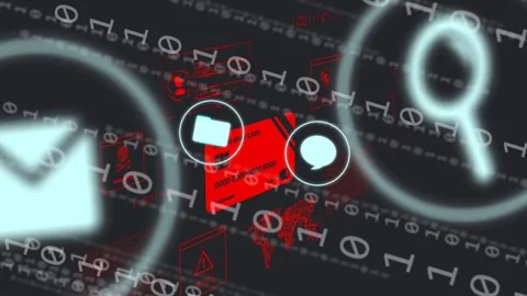Cascading binary streams animating around red card, UI icons appearing, Stock Footage 335317257