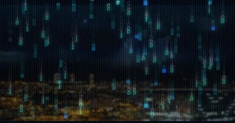 Cascading binary streams filling nighttime urban skyline, with glowing teal a 库存照片