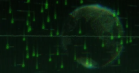 Cascading binary streams flickering waveform, digital sphere forming, rotating Stock Footage 317466695
