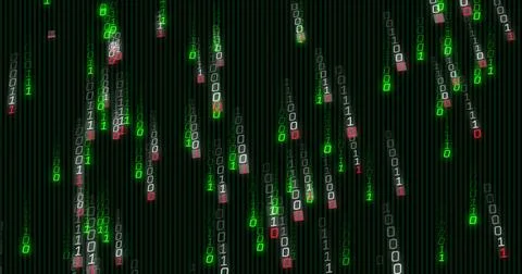 Cascading centered binary code streams flowing down virtual screen, with glowing Stock Illustration