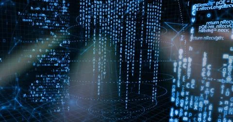 Cascading central code columns rising in virtual 3D cyberspace, with 3D Illustrazione stock