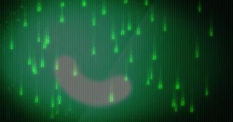 Cascading columns of glowing green binary streaming across screen with pale Stock Illustration