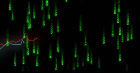Cascading columns of glowing green binary digits streaming in dark void, with Illustrazione stock