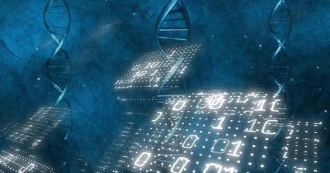 Cascading glowing binary panels at center in lab, reflecting off DNA helices and Stock Illustration