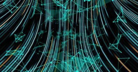 Cascading glowing dot streams curving through futuristic data network, with Stock Illustration