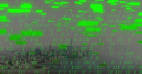 Cascading green binary code overlaying urban waterfront from aerial view, Stock Photos