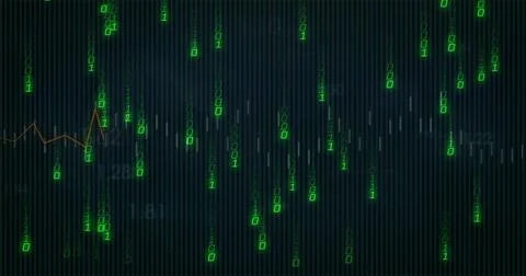 Cascading green binary code streams through digital dashboard, line graph, イラスト素材