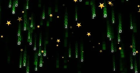 Cascading green binary code streams spanning frame in digital environment, with Stock Photos