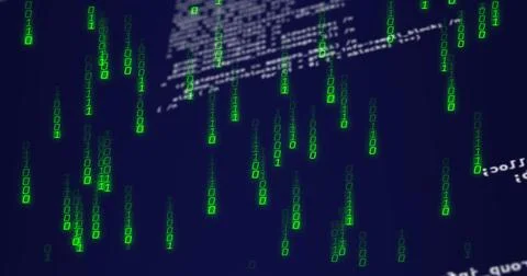 Cascading green binary code streams falling in virtual interface, with blurred Stock Photos