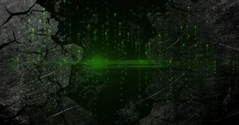 Cascading green binary column flowing over cracked surface in cyberspace, with Illustrazione stock