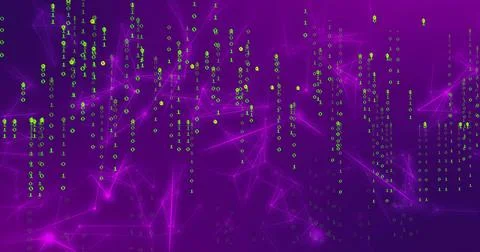 Cascading green binary digits and glowing purple nodes filling cyberspace, thin Illustrazione stock