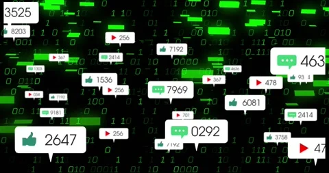 Cascading green binary digits driving white icons spawning, drifting outward Stock Footage 317799973