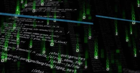 Cascading green binary digits over white code in cyberspace, with digital blocks イラスト素材