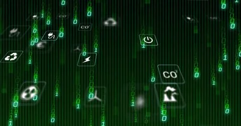 Cascading green binary digits in virtual space, featuring floating recycle and イラスト素材