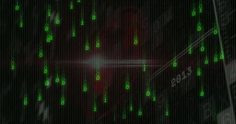 Cascading green binary streams flooding code background, with red circuit design Stock Photos