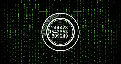 Cascading green binary streams starting dual-ring scanner filling ring updating Stock Footage 318143555